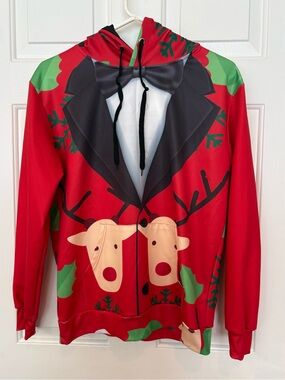 John Hancock Tuxedo Reindeer Christmas Graphic Print Pullover Hoodie Red Medium